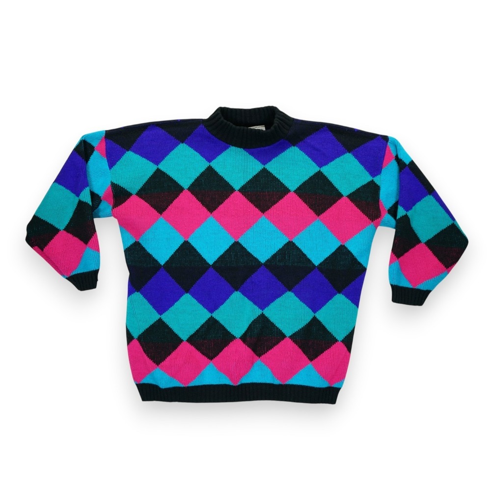 Vintage Adele Knitwear Sweater Womens Pullover Argyle Diamond Geometric 2XL